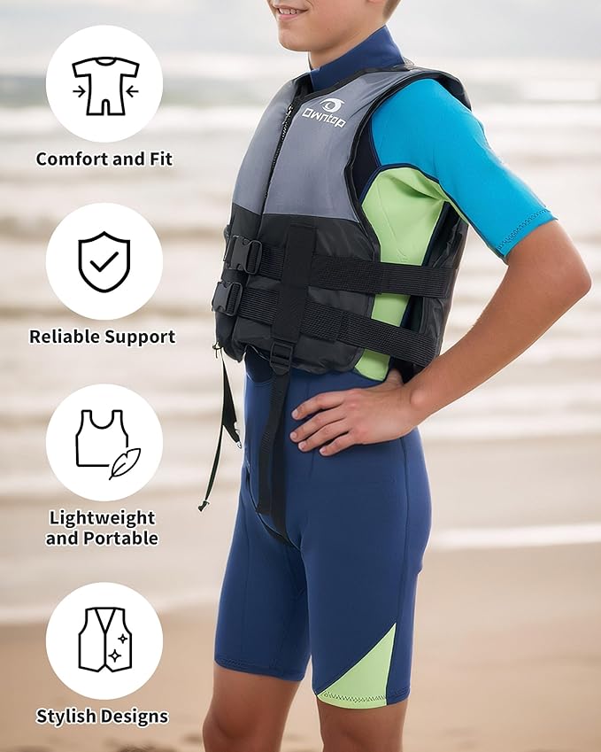 Owntop Kids and Adult Swim Jackets 50 to 125 lbs Dual Buckles, Zipper and Crotch Strap Ski Vest Lightweight PFD Perfect for Kayaking, Fishing, Paddle Board