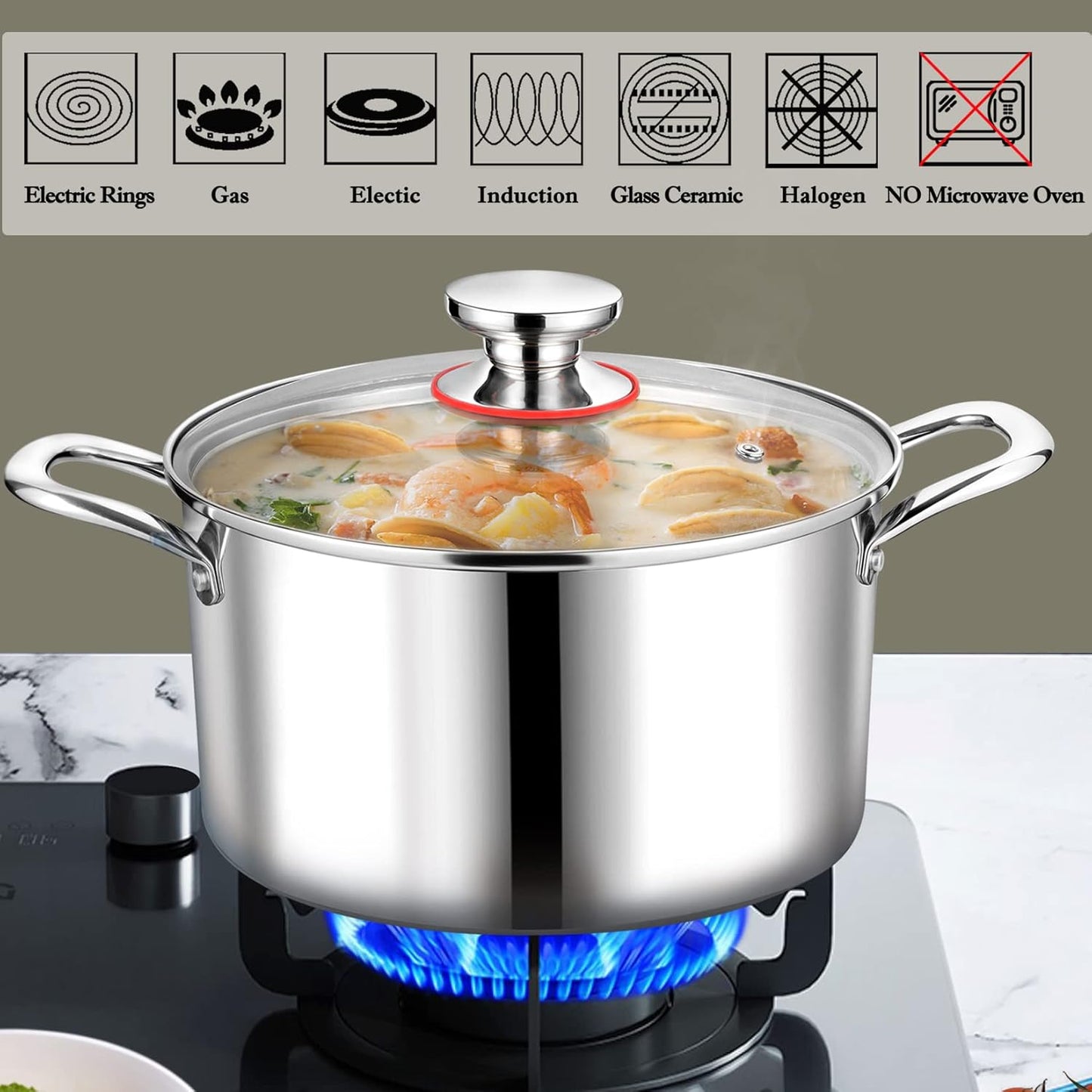 P&P CHEF 6 Quart Tri-Ply Stainless Steel Stock Pot, 6 Qt Stockpot Pasta Cooking Pot with Visible Lid for Soup Vegetable, Induction Cookware for All Stoves, Sturdy & Double Handle, Dishwasher Safe