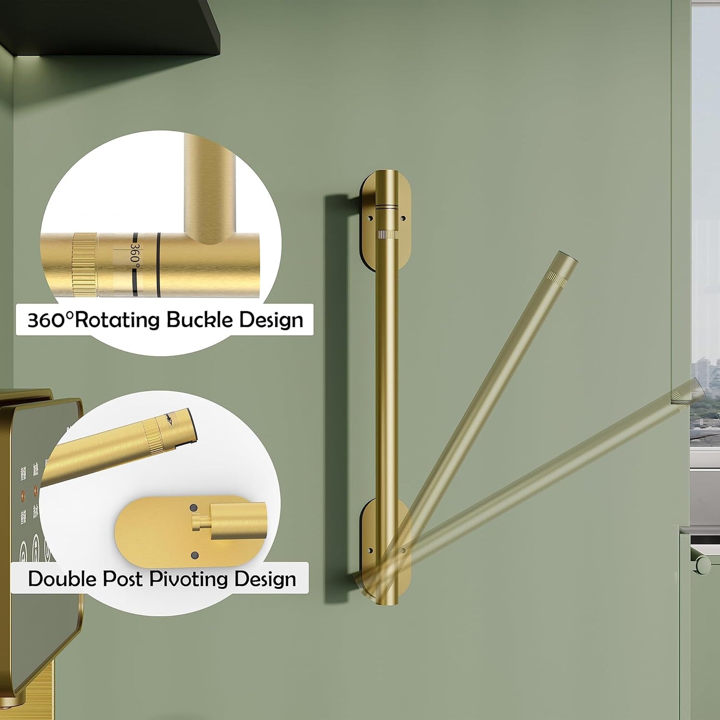 Ruacq Brushed Gold Paper Towel Holder Double Post Pivoting Round Base Under Cabinet Paper Towel Holder for Kitchen Self-Adhesive or Drill mounting