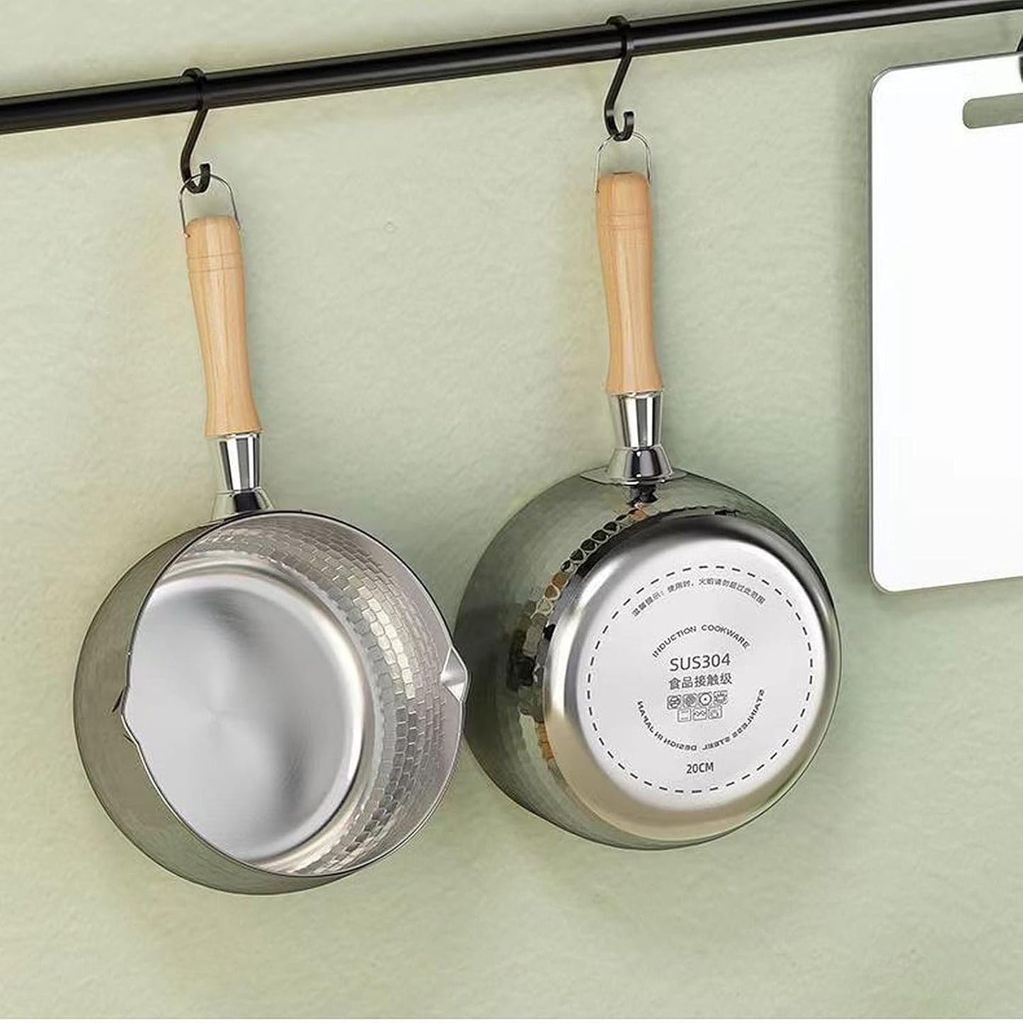 Thickened 304 Stainless Steel Pot, Solid Wood Anti Scald Handle With Hook, Multifunctional Sauce Pot with Inverted Mouth, Milk Pot, Cooking Pot (1.7 Quarts)