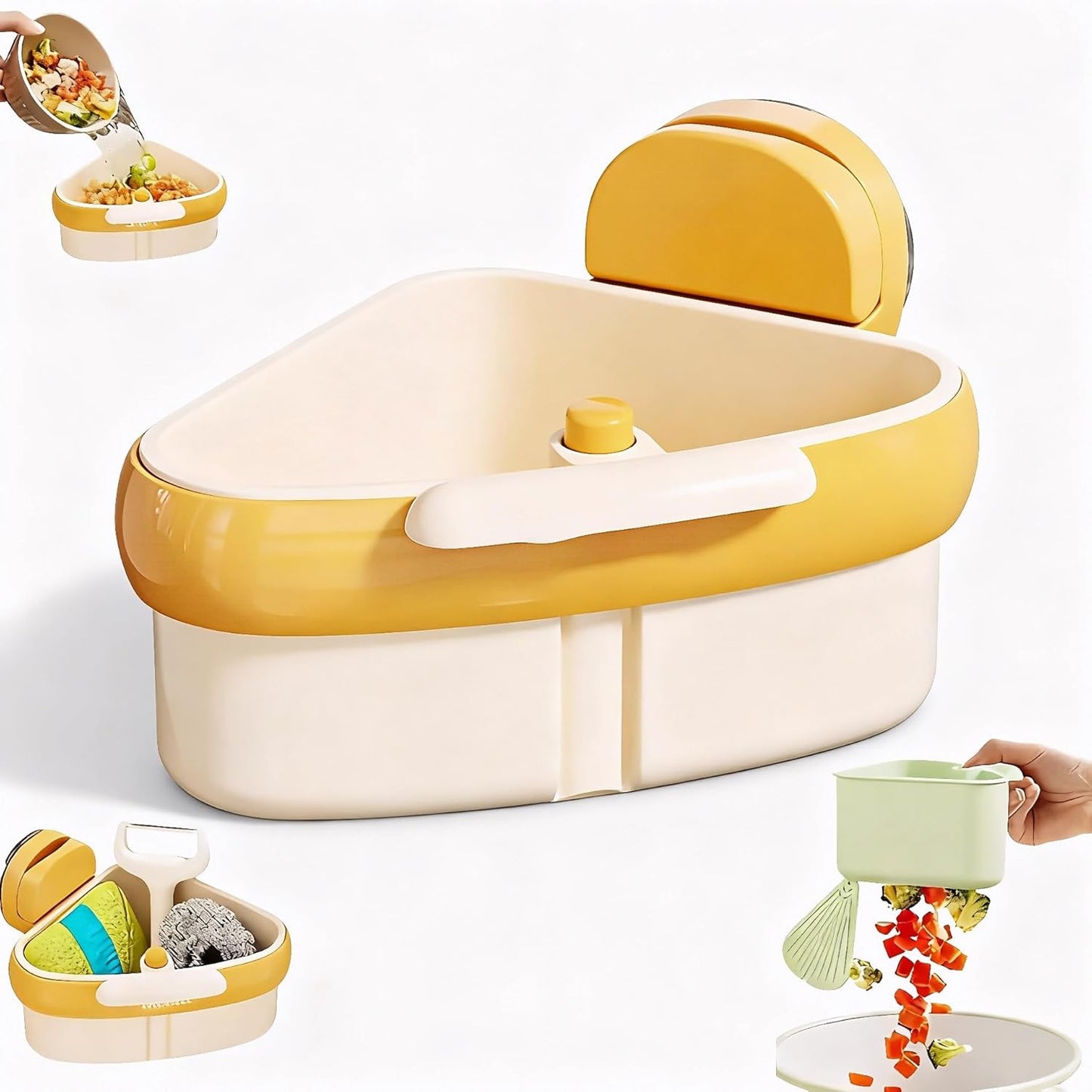 Suction Cup Sink Corner Rack, 2025 Upgrade Corner Sink Strainer Basket, One-Press Automatic Dumping, Suction Cup Press Sinks Drainer Basket, Sponge Storage Rack, Durable and Easy Cleaning Y