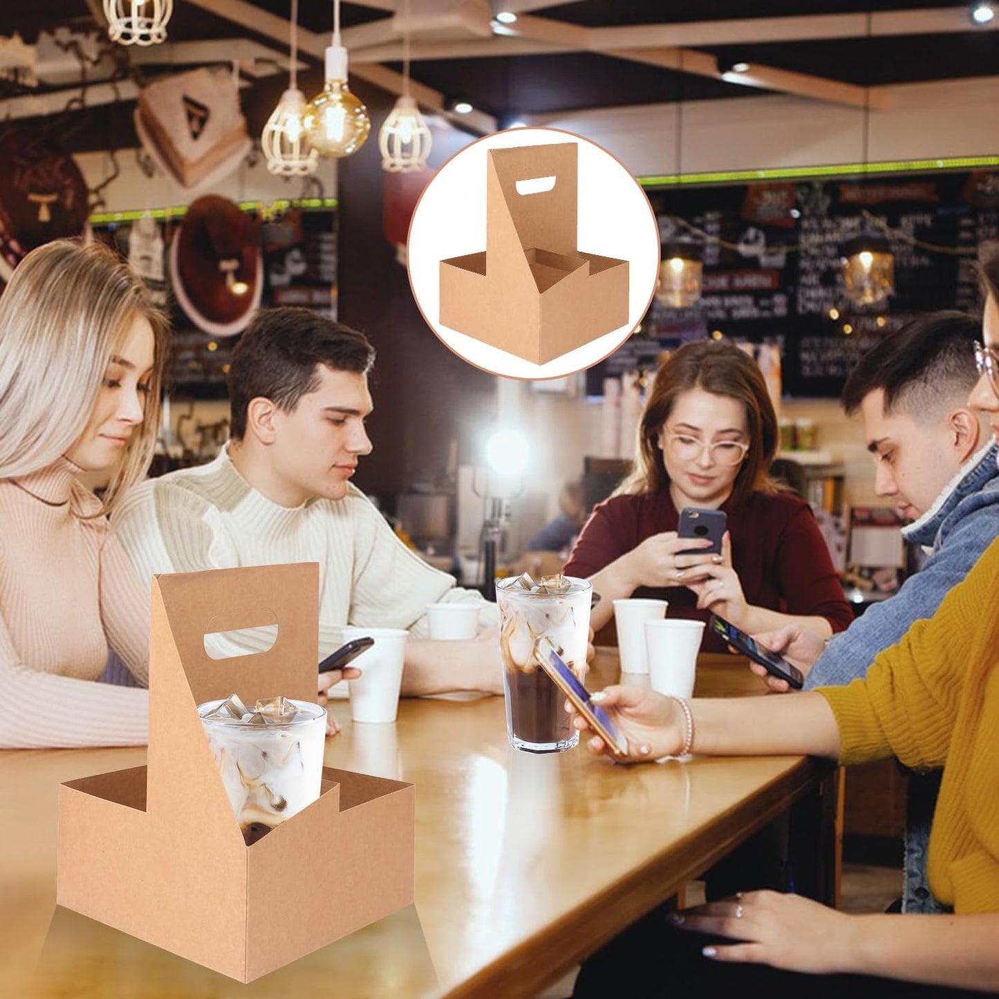 50 Pack 4 Cup Drink Carrier, to Go Coffee Cup Holder with Handle for Delivery Service, The Finest Versatile, Foldable, Drink Carrier with Sturdy Handle for Hot and Cold Drinks by IHDYPPEW