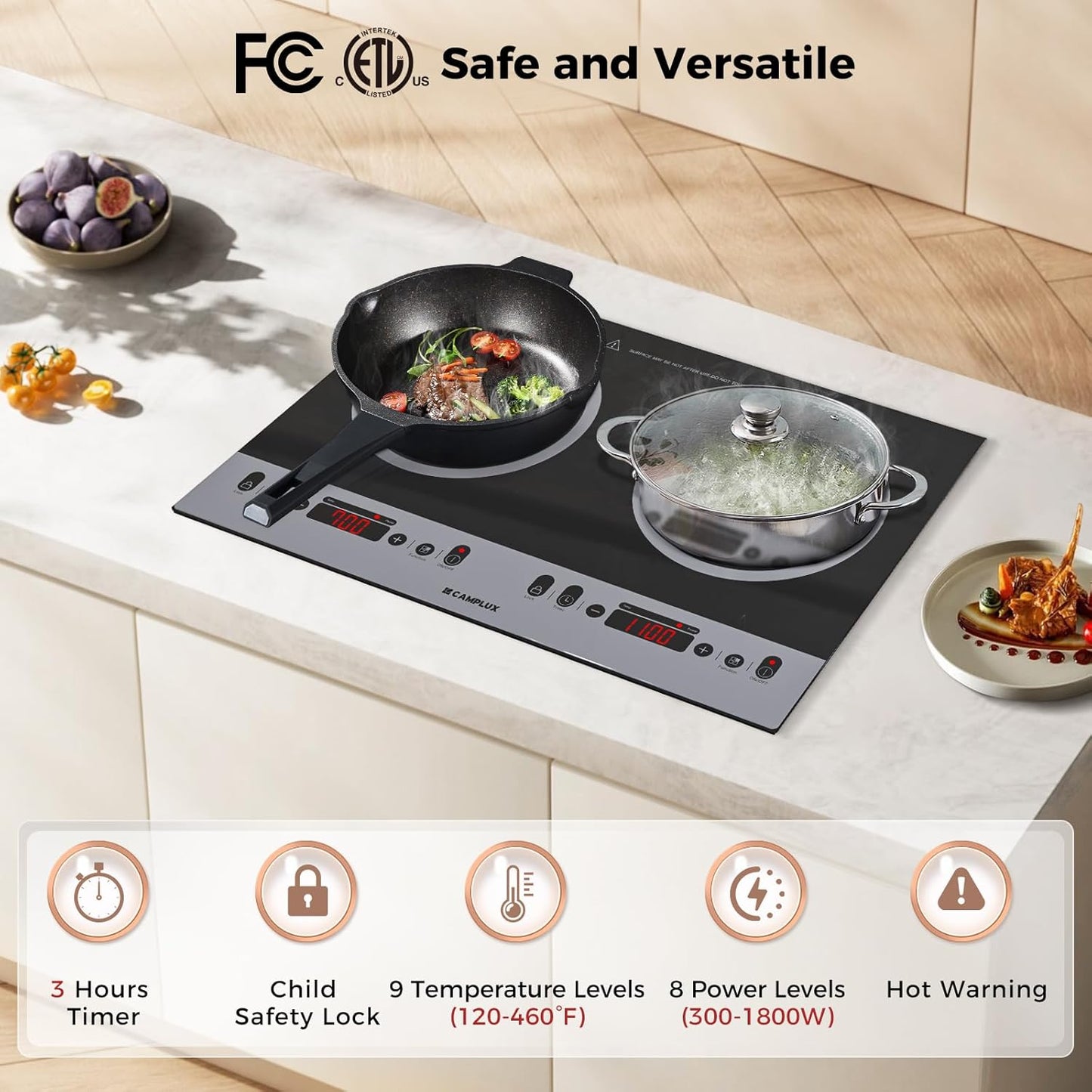 CAMPLUX RV Induction Cooktop 2 Burners 1800W, Electric Cooktop 120V Plug in, Portable Induction Stove with Sensor Touch, Timer, Safety Lock, Countertop/Built-in for RV, Mini Kitchen or Apartments
