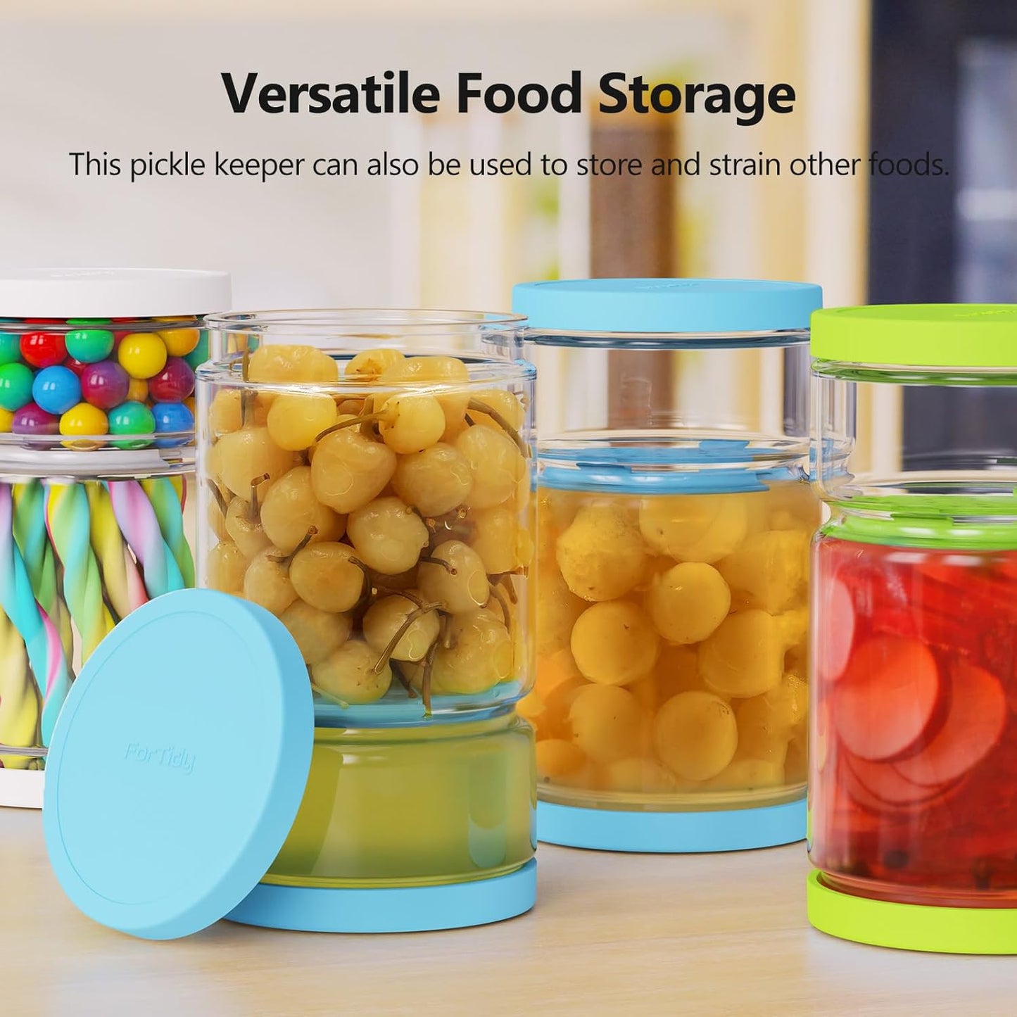 Glass Pickle Jar with Strainer for Pickle Lover - 45 Oz Leakproof and Airtight Juice Separator for Olive, Gherkin, Chilli, BPA Free, Dishwasher and Refrigerator Safe (White&Green, 45oz*2pcs)