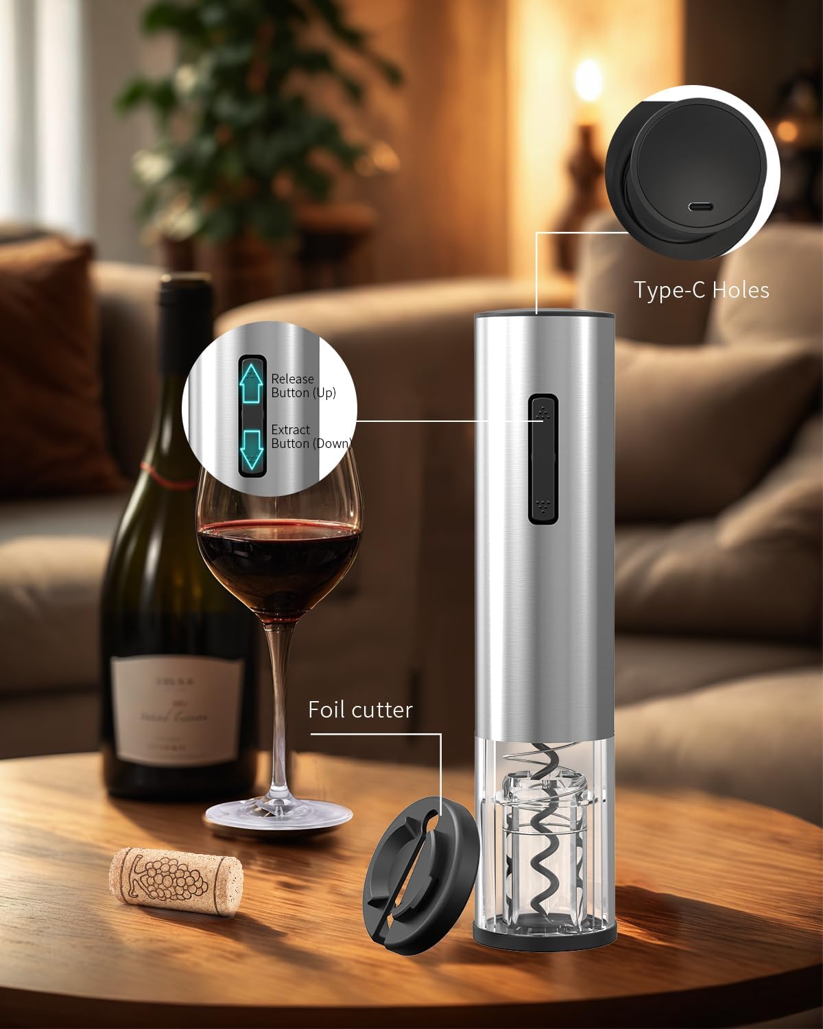 CIRCLE JOY Electric Wine Opener Rechargeable Stainless Steel Automatic Corkscrew Wine Bottle Opener with Foil Cutter, Blue Led Indicator and One-Click Button, Silver