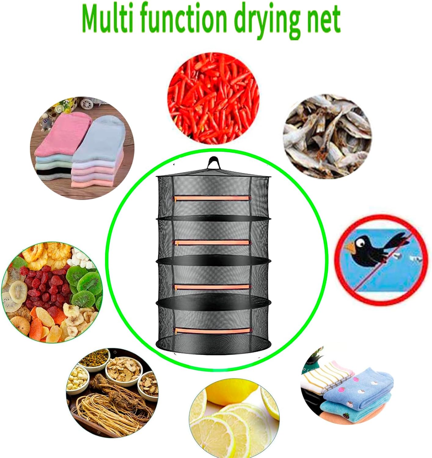 2ft 4 Layer Mesh Hanging Herb Drying Rack Dry Net Plant Drying Rack Net with Orange Zippers Can Dry Plants, Herbal，hanging dryer Hanging Mesh （ Band Garden Scissors）