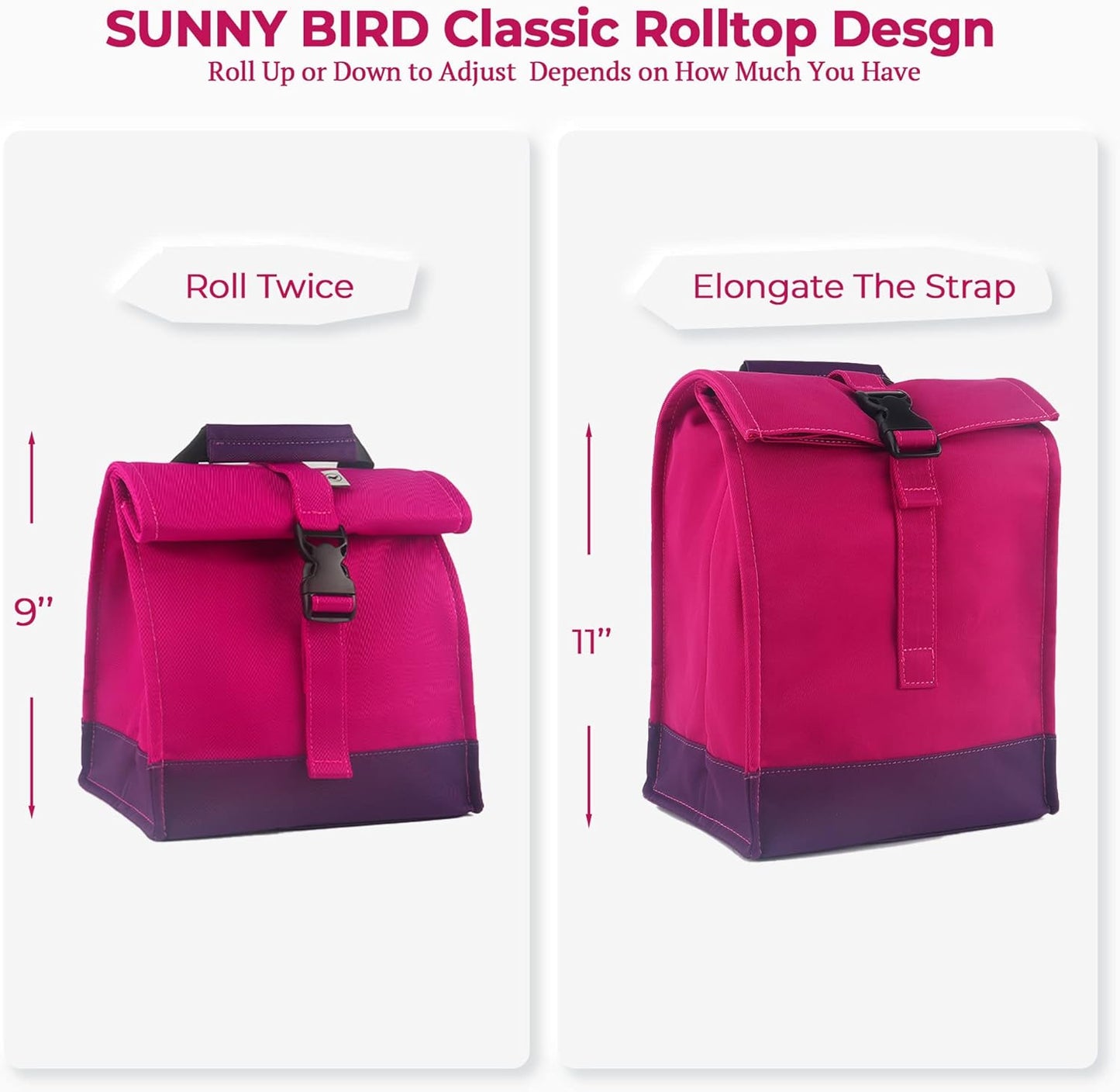 SUNNY BIRD Insulated Lunch Bag Rolltop Lunch Box Tote Lunchbox Bag for Women, Girls, Teens and Kids (Purple)