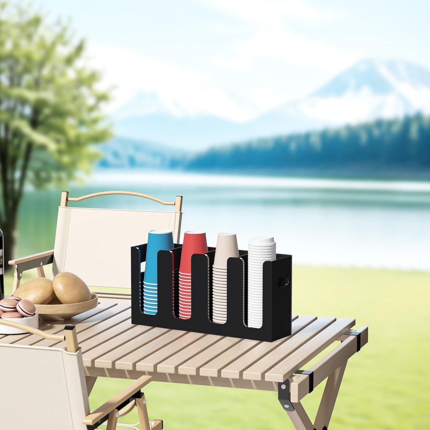 WINFFOR Disposable Cup Organizer Dispenser - 4 Compartments Black Acrylic Cup and Lid Holder with Handles Plastic Cup Dispenser Countertop Paper Cup Holder for Coffee Bar House Party Essentials