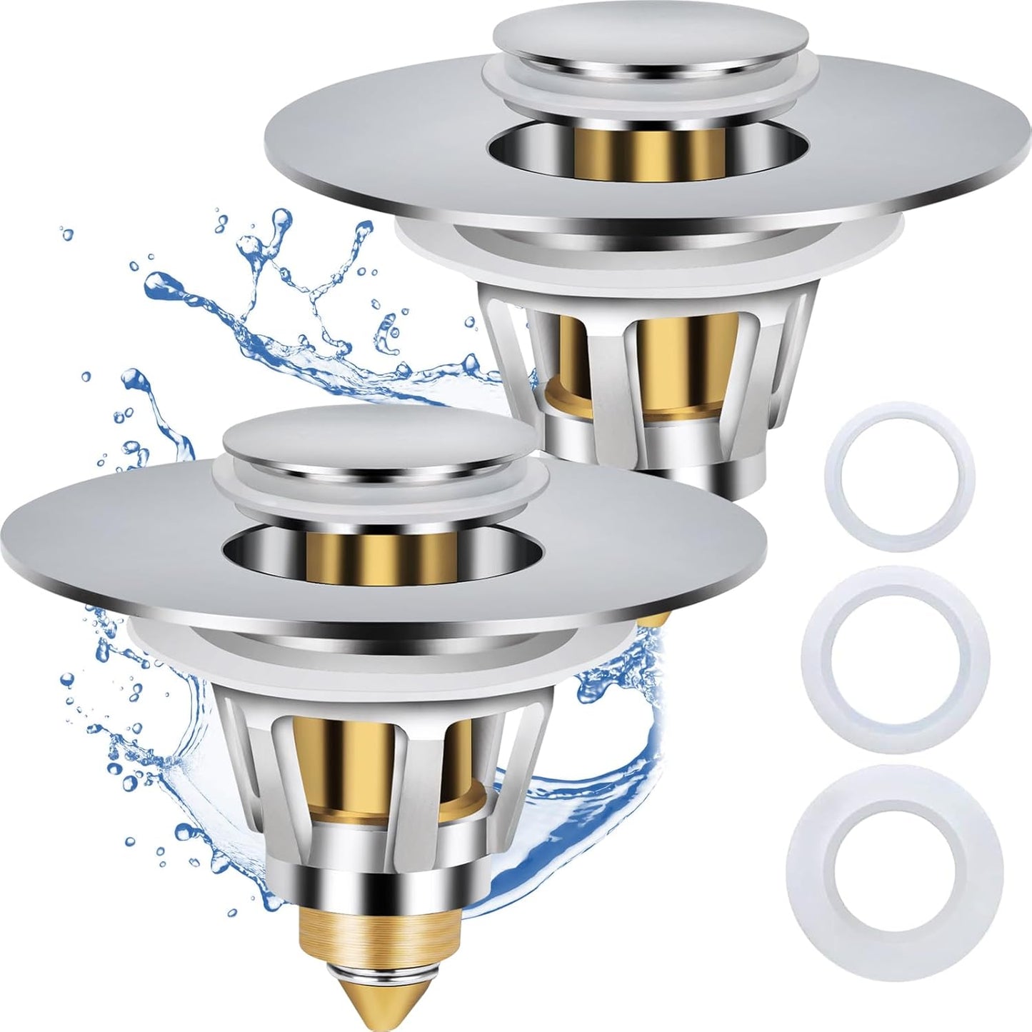 2 Pack Bathroom Sink Stopper, Fits 1.1-1.85 Inch Drain Holes, Pop Up Sink Drain Stopper, Easy to Use Drain Plug Bathroom Sink Drain Cover, Pure Brass Bathroom Sink Drain Strainer with Hair Catcher