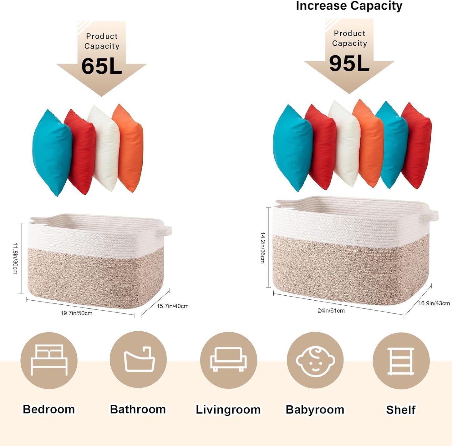 65L Large Storage Basket, Cotton Rope Woven Blanket Basket, Toy Storage for Baby Room, Living Room, Brown & White