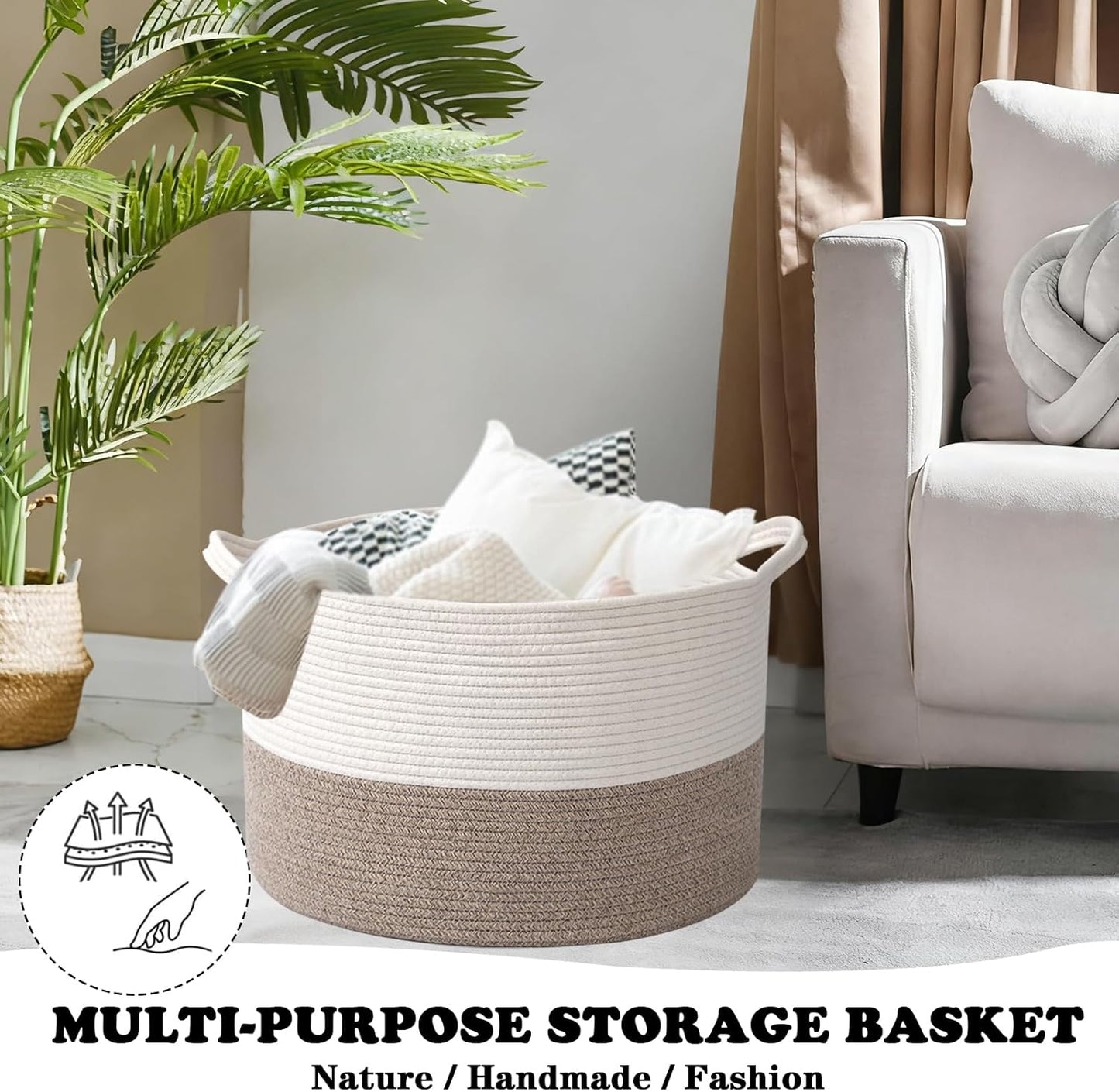 Large Blanket Basket for Organizing,65L Closet Organizers and Storage Bins Box for Shelves Woven Rope Storage Baskets,Living Room,Bedroom,Dorm,Laundry room (White&Brown)