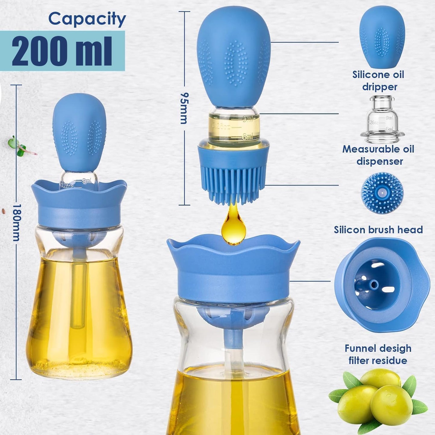 Oil Dispenser with Brush-2 Pack 7oz/200ML 2 IN 1 Glass Cooking Oil Dispenser Bottle with Silicone Basting Brush for Kitchen, Oil Storage and Container for Cooking BBQ, Sauce, Frying - Cream White