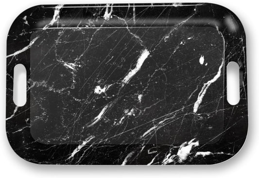 Serving Trays with Handles, 14.5 x 9.8 inch Rectangular Plastic Tray for Restaurant, Kitchen, Black Marble