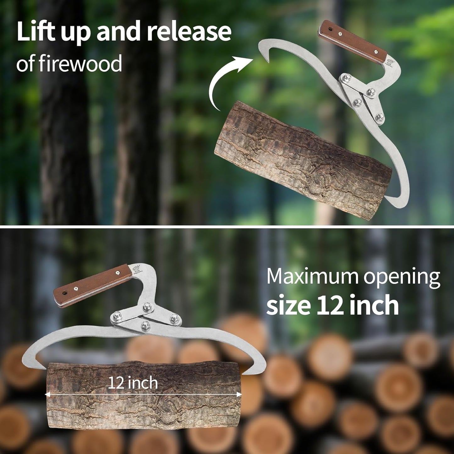 12 Inches (300MM) Log Tongs Firewood Tong with Handle Non-Slip, Claw Log Lifting Tool for Lifting, Handling, Dragging and Carrying Logs,Wood Handle 2 Claw Skidding Tongs