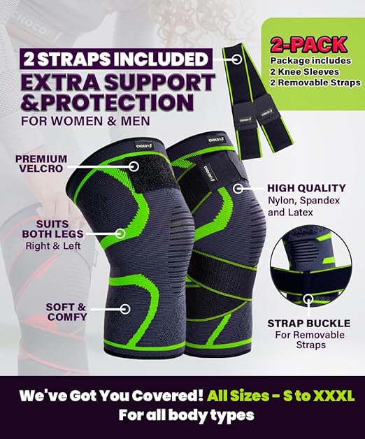 Knee Brace for Women & Men 2-PACK | Compression Knee Sleeve with Straps | Knee Support for Arthritis Pain | Knee Braces for Knee Pain | Knee Sleeves Weightlifting, Working Out, Running