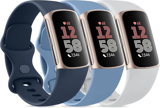 3 Pack Bands for Fitbit Charge 6 / Charge 5 Bands Women Men, Soft Silicone Waterproof Adjustable Wristband Replacement Sport Straps for Fitbit Charge 5 / Charge 6 Fitness Tracker