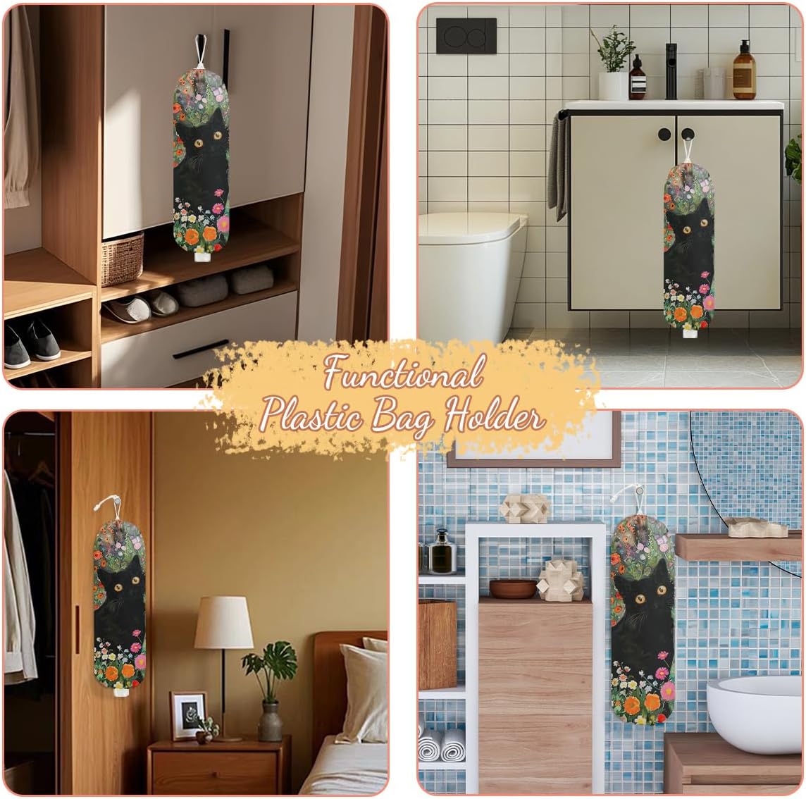 Flower Cat Plastic Bag Holder, Wall Mount Grocery Bag Holder, Plastic Storage bag, Pull Rope Free Adjustment, Plastic Bag Holders for Grocery Bags, Plastic Bag Dispenser for Home Kitchen Pantry