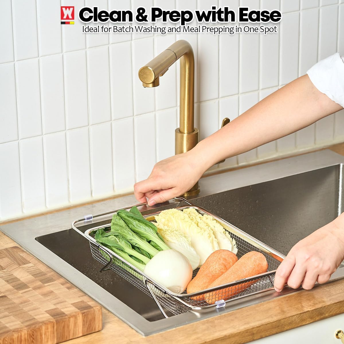 Extendable Dish Rack with Feet, Vegetable Colander Basket, Stainless Steel Dish or Silverware Drying Rack, Ultimate Kitchen Organizer Over The Sink (11.81 x 8.27 x 2.76 Inches)