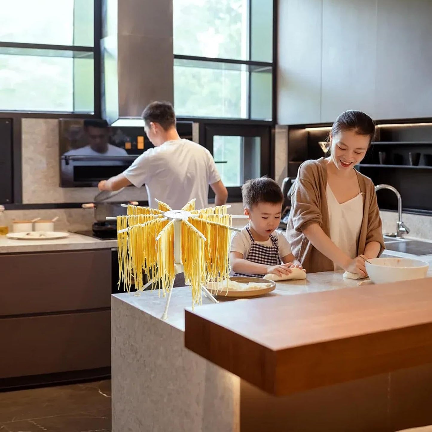 2 Pack Foldable Pasta Drying Rack, Homemade Fresh Spaghetti Stand Collapsible Dryer Noodle Hanger for Kitchen with 10 Arms, White