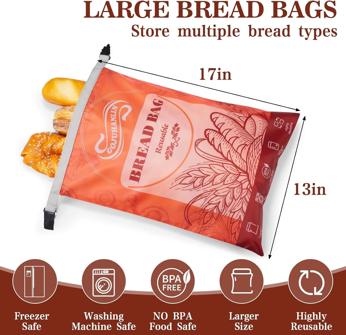 2 Pack Reusable Bread Bags for Homemade Loaves, 17 * 13 Inch Extra Large Storage Bag with Zipper, Bread Container for Freezer Food Storage