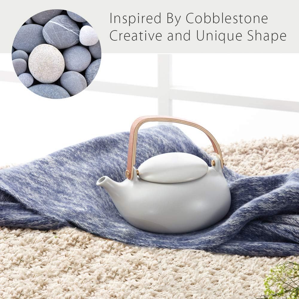 ZENS Vintage Japanese Teapot with Strainer, 27oz Matte Ceramic Loose Leaf Teapot with Infuser, Wood Handle Gray Japanese Teapots Hot Tea Brewer Pot for Women, Tea Lovers Gifts