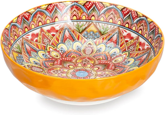 75 Oz Serving Bowls,Bohemian Style Large Porcelain Dishes for Entertaining Parties,Big Bowls for Eating Soup, Salad, Pasta, Fruit, Chips, 10.3 Inch Diameter (orange)