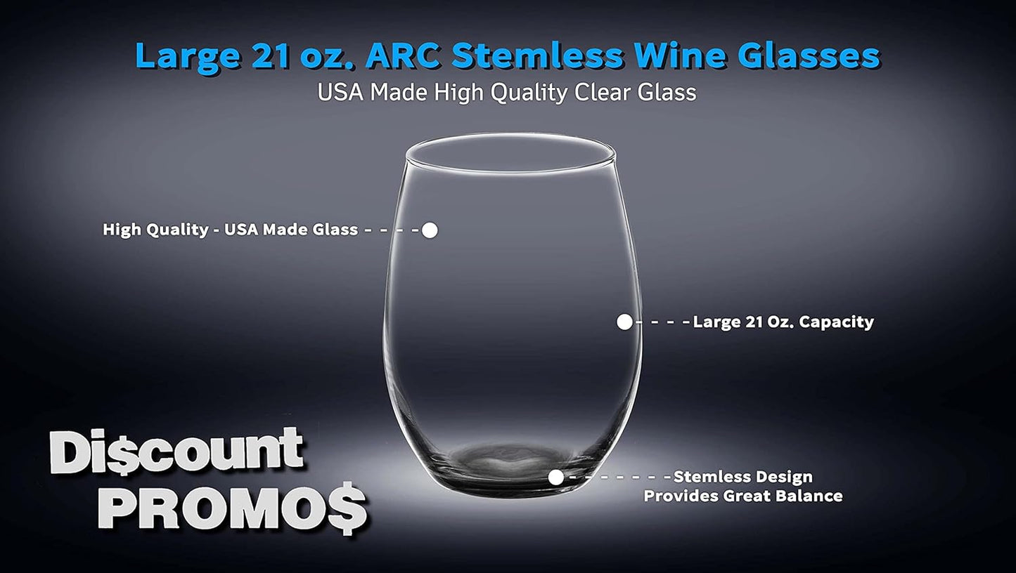 DISCOUNT PROMOS 10 ARC Stemless Wine Glasses Set, 21 oz. - Chardonnay, Cabernet, Merlot, Sauvignon - Black
