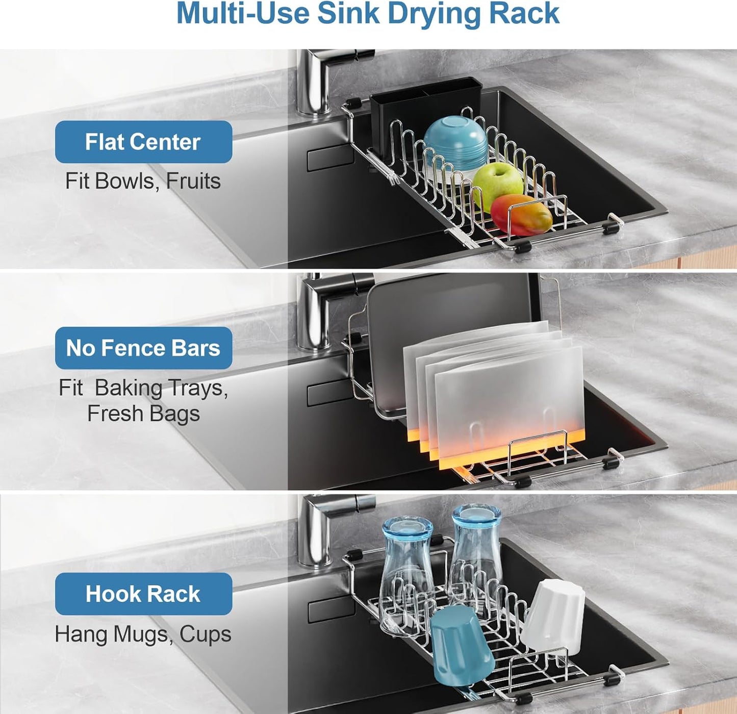 GSlife Large 2-in-1 Dish Drying Rack Set - Expandable Stainless Steel Dish Racks for Kitchen Counter & Sink, Full Size Dish Drainer with Absorbent Drying Mat Cup Holder, 16.5"-21.5" L x 15" W, Silver