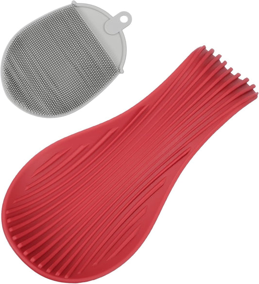uxcell 1 Set Silicone Spoon Rest for Stove Top, Silicone Spoon Holder for Cooking Spatula, Ladle, Brush Red/Grey