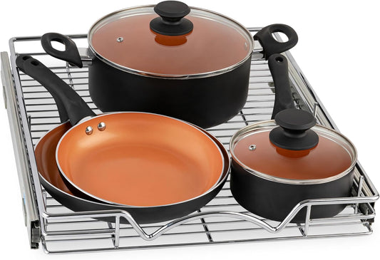 HOLDN’ STORAGE Pull Out Cabinet Organizer, Heavy Duty Caddy w/Lifetime Limited Warranty -17”W x 21”D - Requires At Least 18-1/4” Cabinet Opening, Steel Metal Cabinet Drawers Slide Out, Chrome