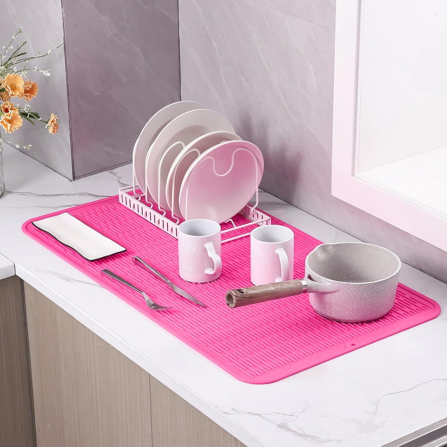 Silicone Dish Drying Mat for Multiple Usage,Easy clean,Eco-friendly,Heat-resistant Silicone Mat for Kitchen Counter or Sink,Refrigerator or Drawer Liner Rose 4XL 32 inches x 18 inches