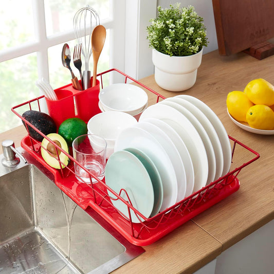 Sweet Home Collection Space-Saving 3-Piece Dish Drainer Rack Set Efficient Kitchen Organizer for Quick Drying and Storage Includes Cutlery Holder and Drainboard Maximize Countertop Space, Bright Red
