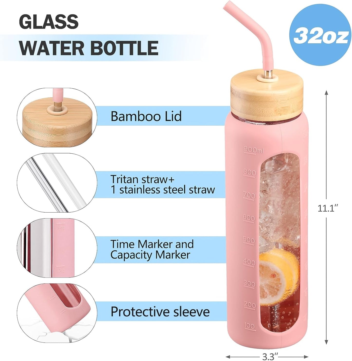 32oz Glass Water Bottle with Straw and 2 Lids- Bamboo Straw and Spout Lid with Phone Holder for Gym, Glass Drinking Bottles with Silicone Sleeve and Motivational Time Marker, Pink