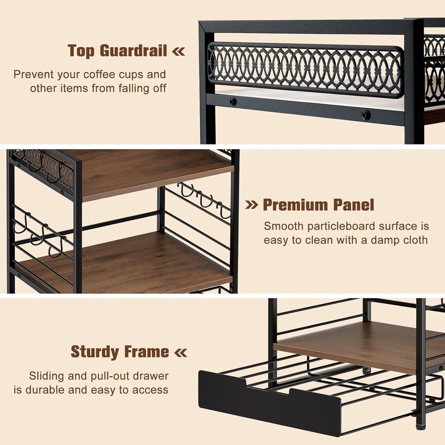 Coffee Bar Organizer, 3 Tier Coffee Station Organizer for Countertop, 30 K Cup Pod Drawer, Mug Cup Holder Stand With 12 Hooks, Multifunctional K Pods Shelf Storage Holder Drawer