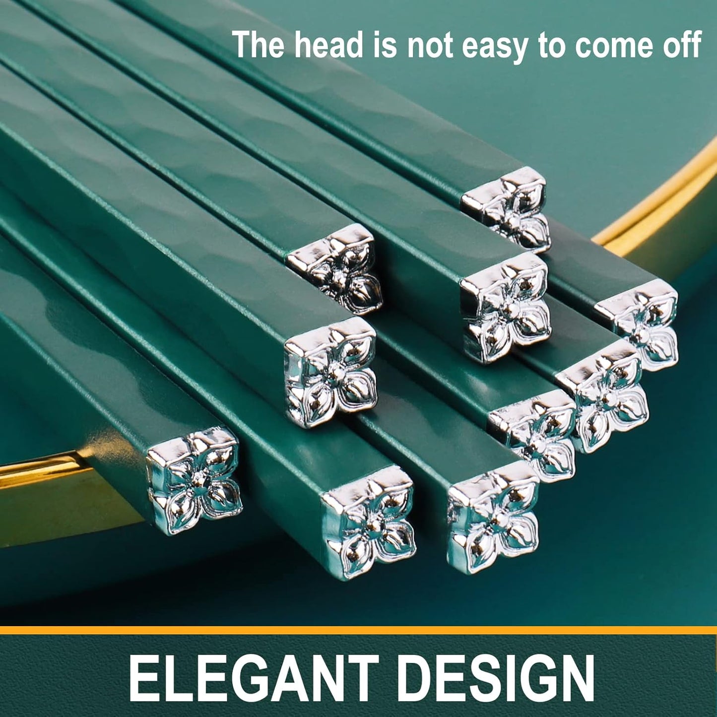 GLAMFIELDS 5 Pairs Chopsticks Reusable, Premium Fiberglass Chop sticks Dishwasher Safe for Sushi Ramen, Non-slip, 9 1/2 inches - Gift Set Green with Silver Plated