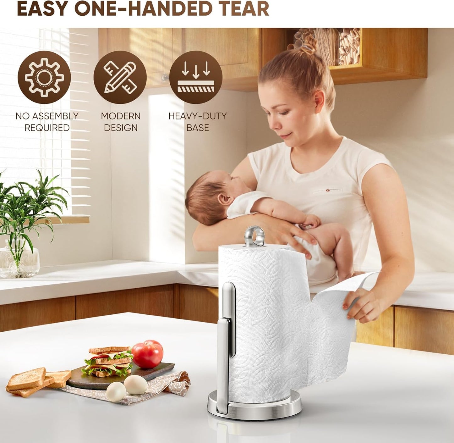 theaoo Heavy-Duty Stainless Steel Paper Towel Holder with Tension Arm – Easy One-Handed Tear, Modern Standing Countertop Dispenser for Kitchen, Holds All Paper Towel Rolls (1, Silver)