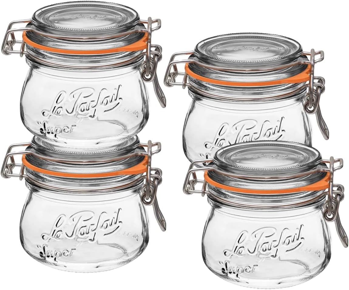 Le Parfait Super Jar, Canning Jars, 250mL French Glass Canning Jar w/Round Body, Glass Jars w/Airtight Lid, Canning Jars Wide Mouth, Glass Jar w/Lid, Clear Jars, Clear Glass Jars (8oz/Half Pint, 4 pk)