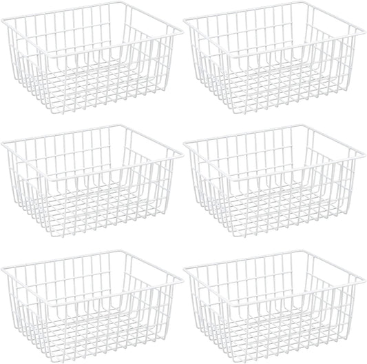 Redrubbit Wire Storage Baskets, Large Farmhouse Metal Freezer Basket Storage Organizer Bins with Handles for Kitchen Cabinets, Pantry, Closets, Bedrooms, Bathrooms, Set of 6, White