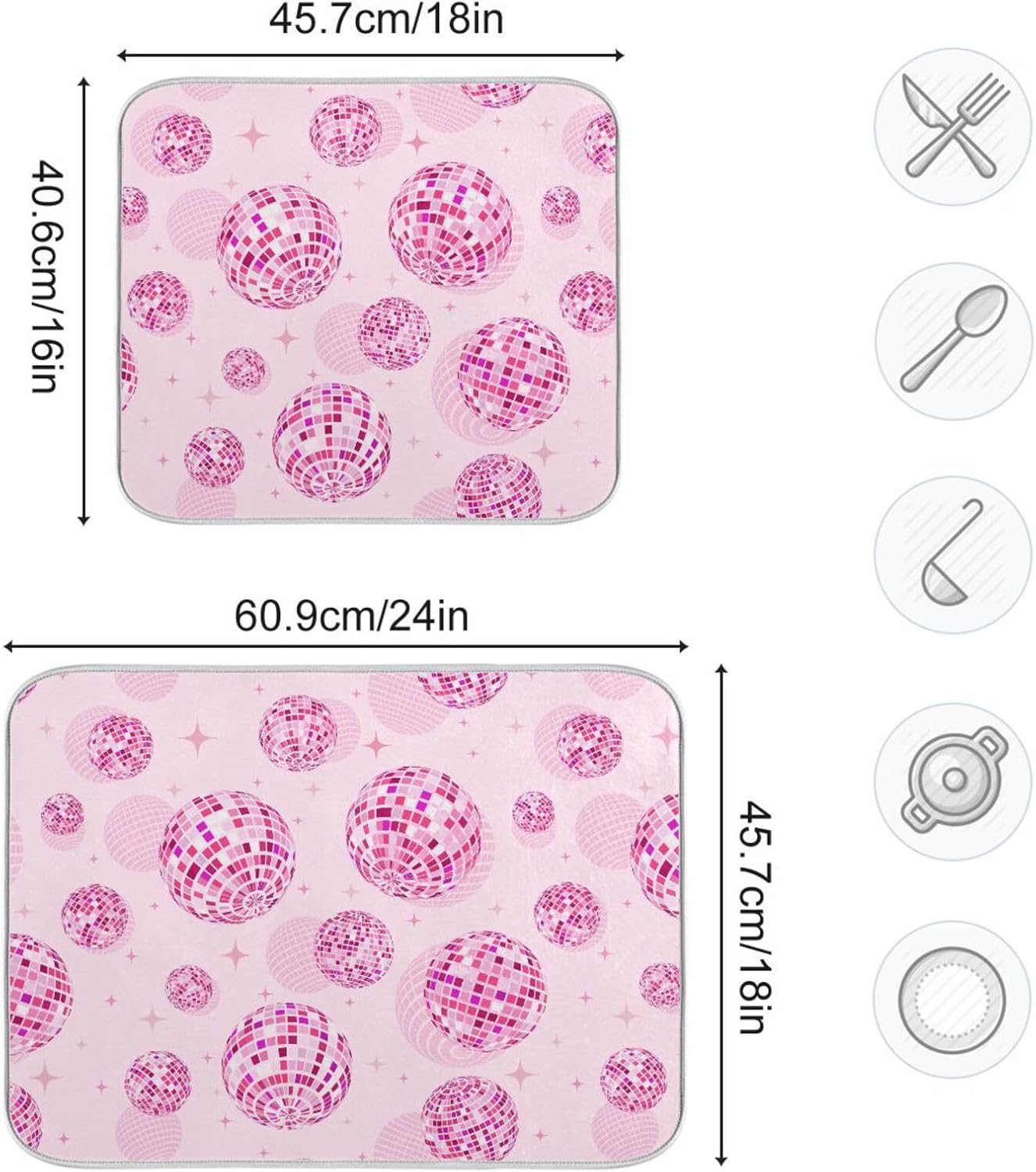 Disco Balls Pink Dish Drying Mat for Kitchen Counter Absorbent Microfiber Drying Pad, Medium 16x18 in, Reversible Drainer Mats