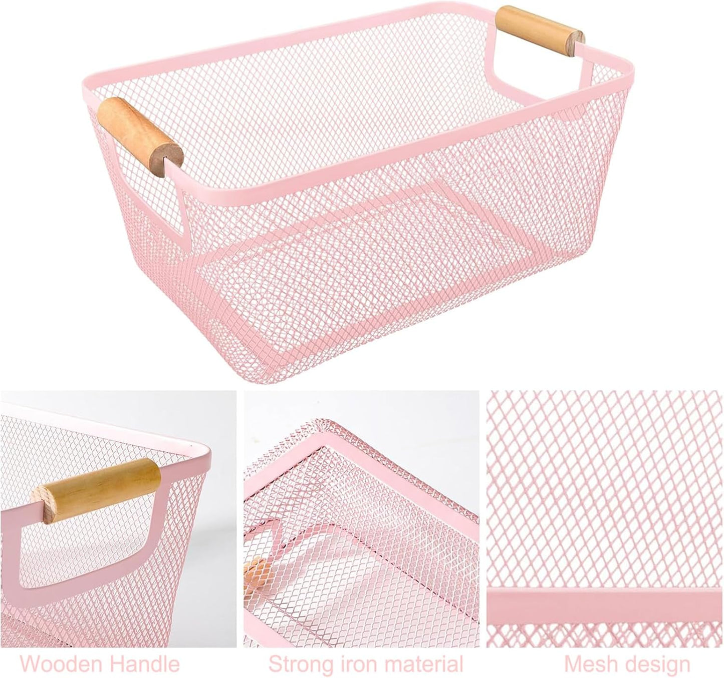 Metal Mesh Steel Basket, Large Wire Storage Organizer Basket Multi-function Hanging Kitchen Baskets with Wood Handle for Kitchen Bathroom Picnic Home, Rectangle-Pink