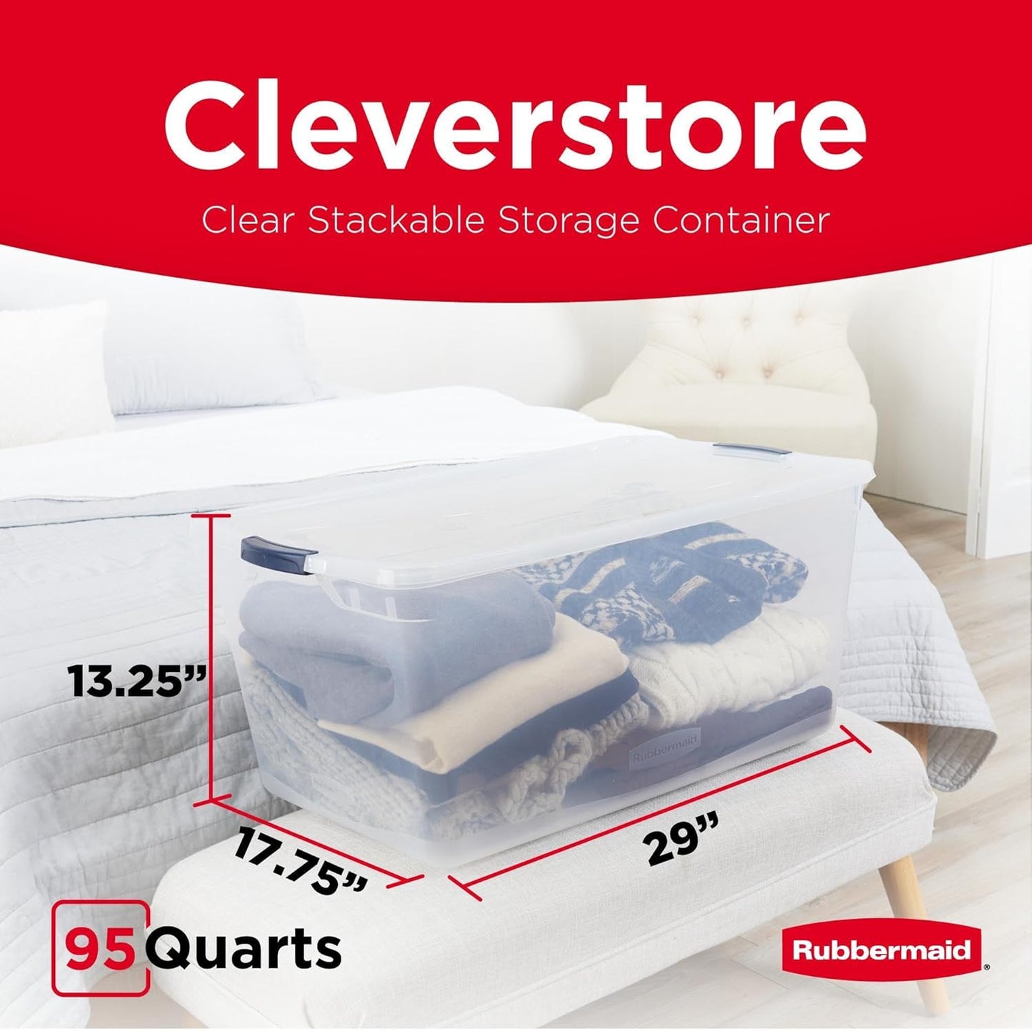 Rubbermaid Cleverstore 95 Qt Clear Storage Bins with Lids, 4-Pack, Stackable, BPA-Free, Made in USA