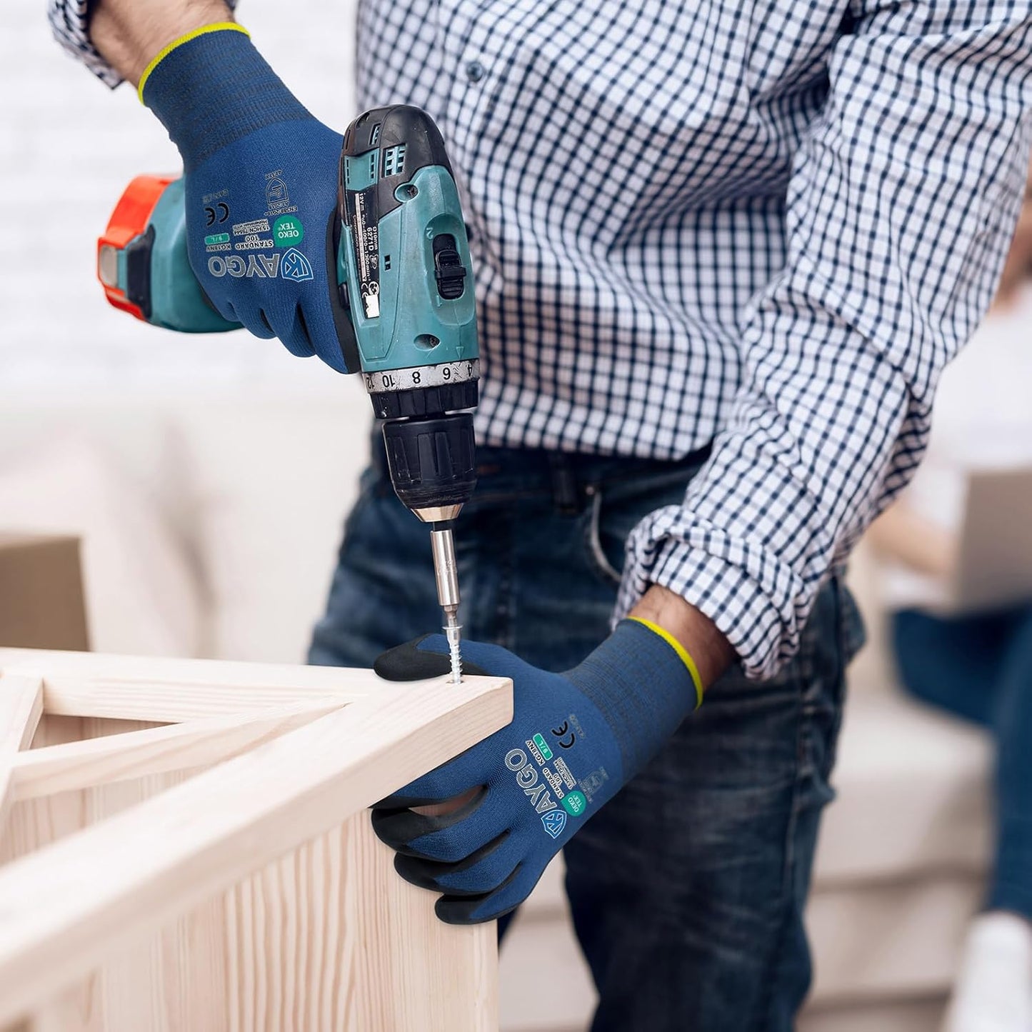 KAYGO Safety Work Gloves MicroFoam Nitrile Coated-12 Pairs, KG18NB,Seamless Knit Nylon Glove with Black Micro-Foam Nitrile Grip,Ideal for General Purpose,Automotive,Home Improvement, Dark Blue, M