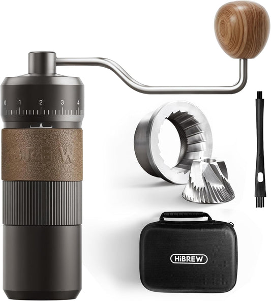 HiBREW G4B Manual Coffee Grinder with External Adjustable Dial - Aluminum Conical Burr Mill, Numerical Settings & Travel Case, Coarse to Fine Grind for Espresso Pour Over Moka Pots. 22g Capacity