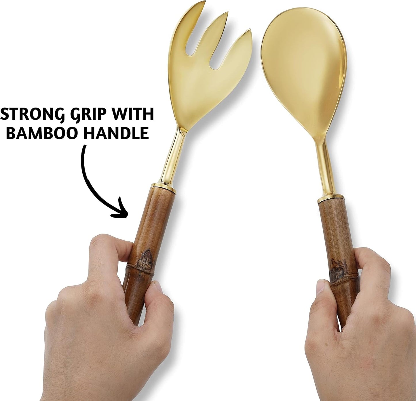 Folkulture Serving Utensils for Modern Serving and Cooking, Stainless Steel Salad Servers or Salad Tongs, 12 Inch Salad Tosser, Serving Spoon and Fork Set with Bamboo Handle, Gold