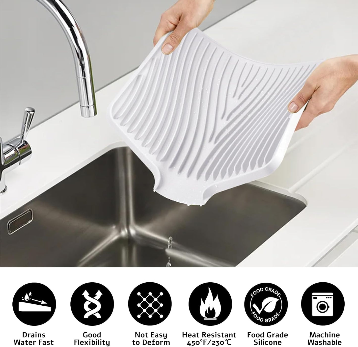 Silicone Dish Drying Mat for Kitchen Counter, Dish Drying Pad, Non-Slip Drain Pad with Built-in Drain, Heat Resistant Stone Drying Mat,Large 1 set XL(Ivory)