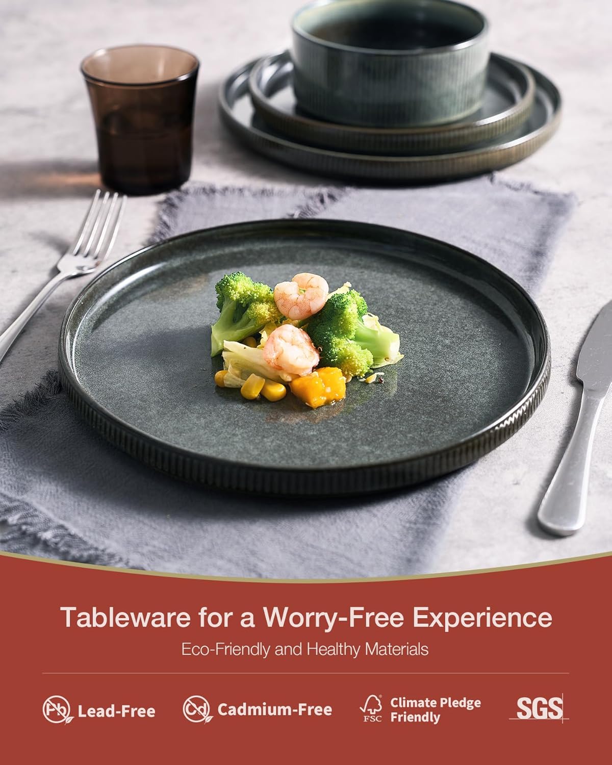 Famiware Star Dinnerware Set, Plates and Bowls Sets for 6 (18pcs), Ribbed Stoneware Dishes - Chip & Scratch Resistant, Microwave & Dishwasher Safe Kitchenware, Deep Forest