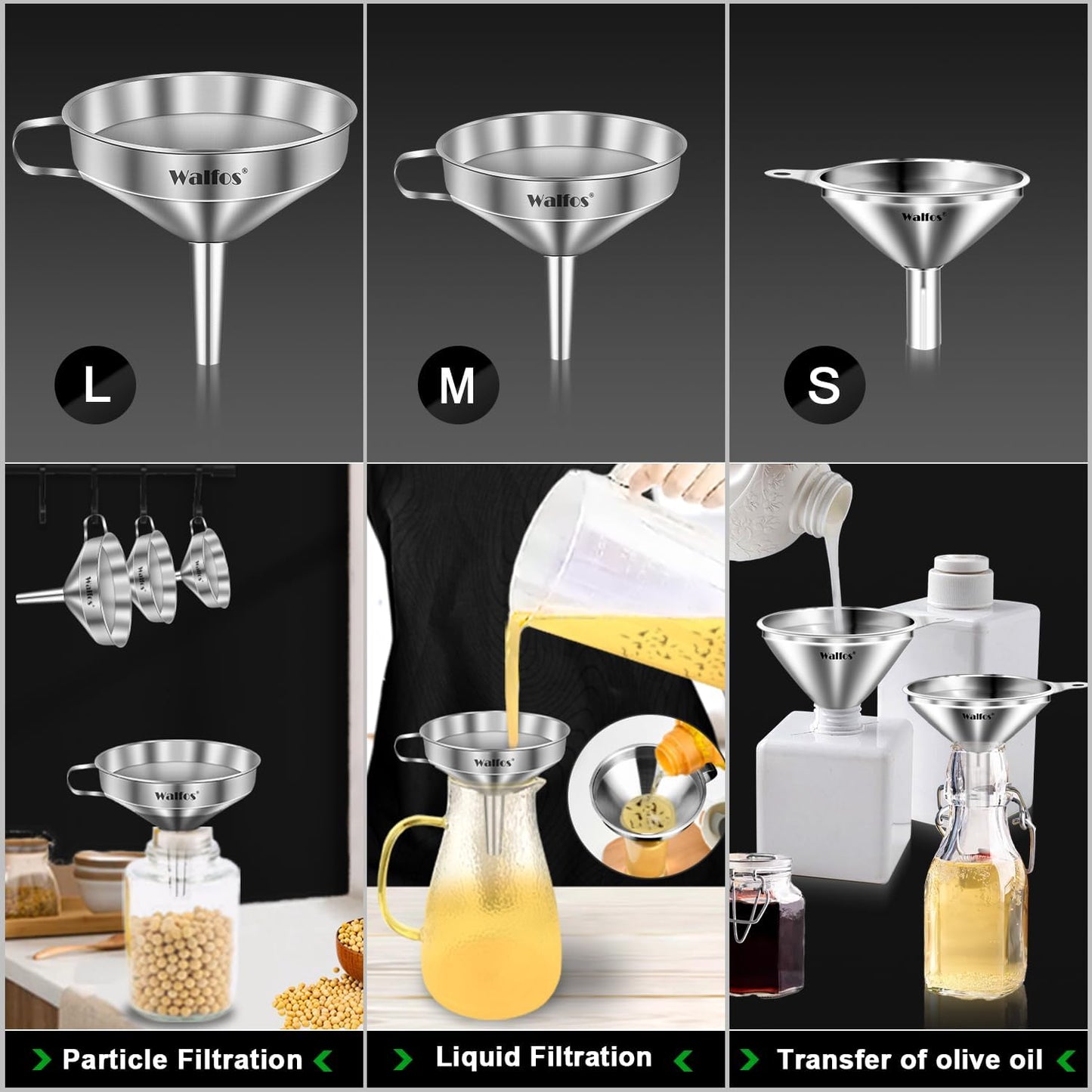 Stainless Steel Funnel, Walfos 3 Different Sizes of Kitchen funnels with 2 Removable Strainer ＆ 1Pcs Cleaning Brush, for Transferring of Liquid, Oils, Jam, Powder