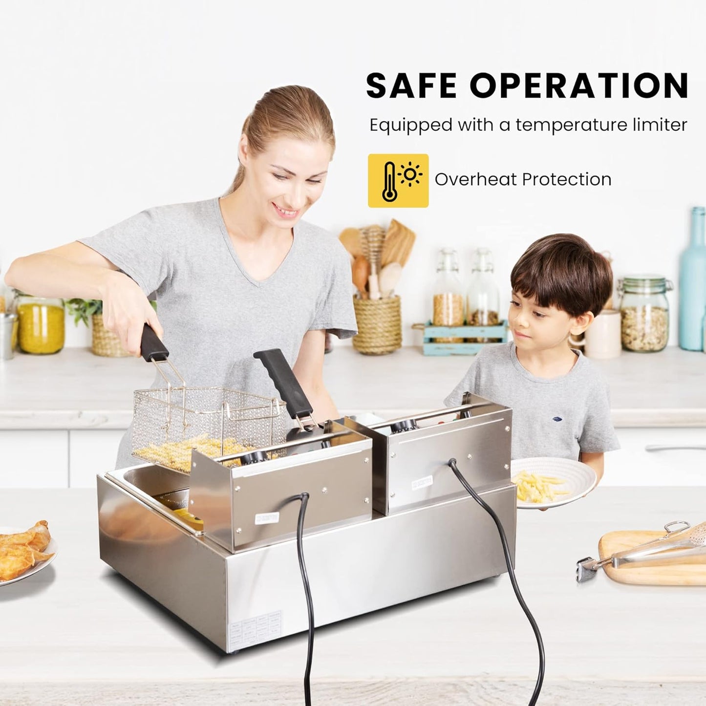 VIVOHOME 110V 20.7 Qt Commercial Electric Deep Fryer with 2 x 6.35 QT Removable Baskets, Overheat Protection