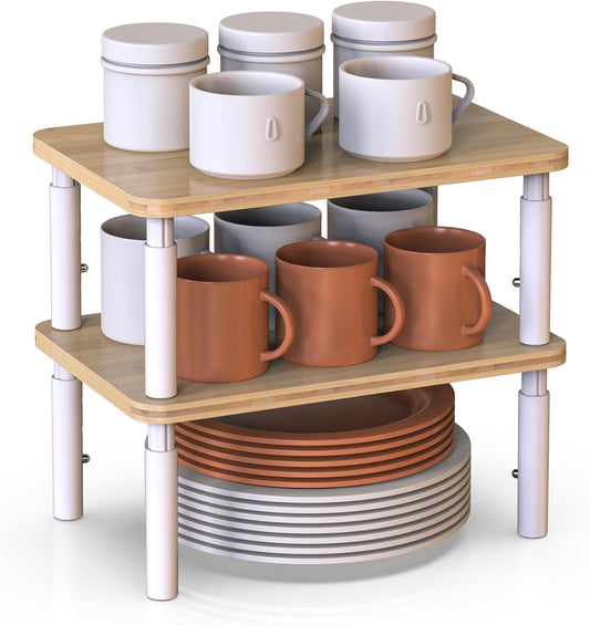 Cabinet Organizer Shelf, Spice Rack Set of 2 Kitchen Pantry Cupboard Shelves, Stackable, Height Adjustable, Natural Bamboo (11.7" Wx77.Dx6.57 H per Pack)
