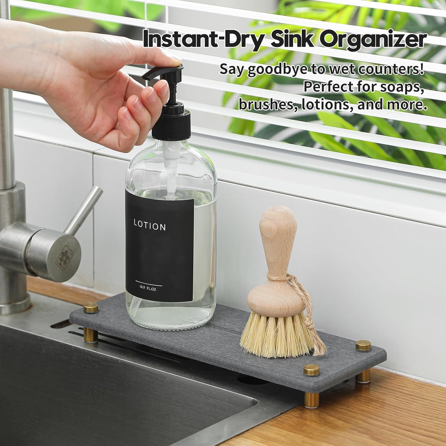 Kitchen Sink Caddy Water Absorbing Stone Drying Tray, Diatomite Bathroom Sink Organizer, Faucet Counter Mat Coaster, Soap Dish Rack Riser Dispenser Sponge Holder, Dark Gray Gold 10" x 4"